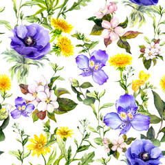 Summer flowers, meadow grasses, spring herbs. Seamless natural background. Watercolor in blue color