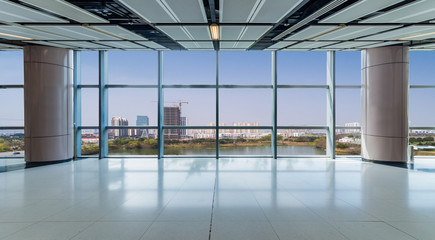 Panoramic skyline and buildings from glass window