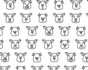 Seamless pattern. Pig head with different emotions, meme, icon. Single, vector images. Black outline.