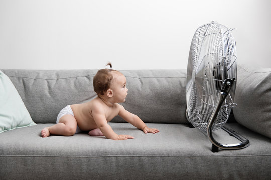 Baby chilling on sofa facing fan