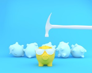 Hammer which is raised above a piggy banks yellow with glasses and piggy other on blue pastel background. minimal business finance concept.