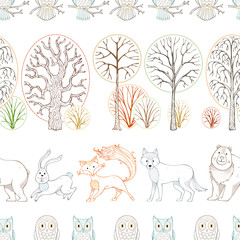 Wild animals in autumn forest. Vector seamless pattern.