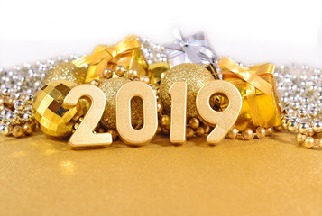 2019 year golden figures and Christmas decorations