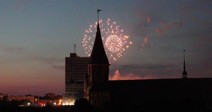 Fireworks over the Cathedral in Kaliningrad at the end of the World Cup 2018