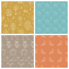 Set of autumn woodland seamless patterns.