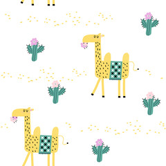 Seamless pattern with cute cartoon camel and cacti. Vector texture in doodle style great for fabric and textile, wallpapers, backgrounds. Scandinavian style.
