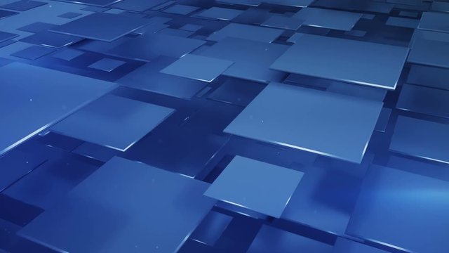 Flying blue squares and particles abstract geometric background. Seamless loop 3D render animation 4k UHD 3840x2160
