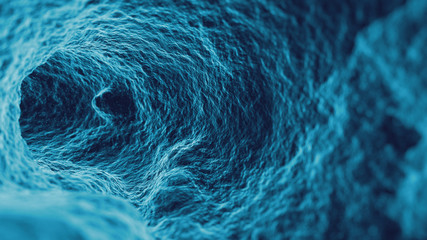 Fototapeta premium 3d render abstract macro background. Microscopic macro closeup of inner surface. Camera passing in tunnel displaced with fractal noise texture.