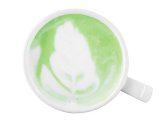Top viwe. Milk green tea latte in cup on isolated white background