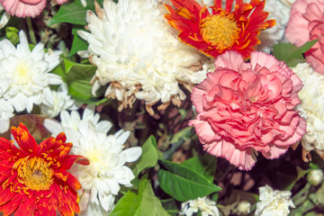 Close up group of orange, white and purple flowers and leaves in colorful tone.