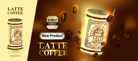 Tin can and label of coffee beans with lighting background