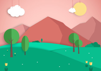 Summer Landscape Background, Paper Cutout Illustration with Pink Mountains and Green Hills