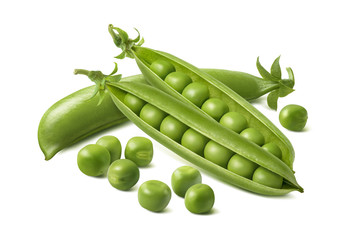 Raw green peas in pods isolated on white background