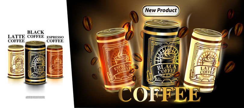 Tin can and label of coffee beans with lighting background