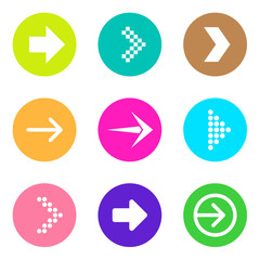 Creative vector illustration of flat simple colorful circle arrow set pointing in the right direction isolated on transparent background. Art design sign symbol icon. Abstract concept graphic element