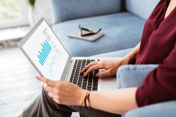 Business plan. Calm attentive professional businesswoman looking at the screen of her laptop and...