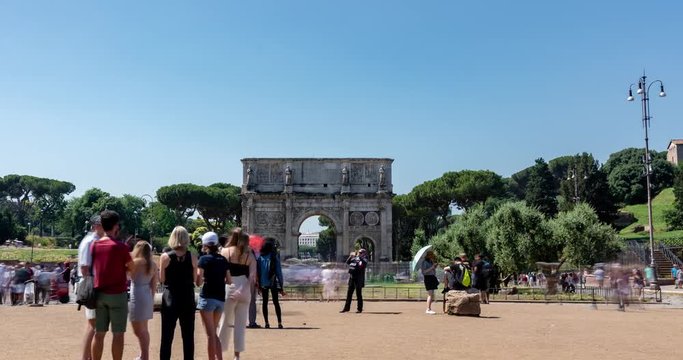 Arch of Constantine in Rome Italy. Tourists in Rome architecture and Landmark in City Center Timelapse 4K UHD.