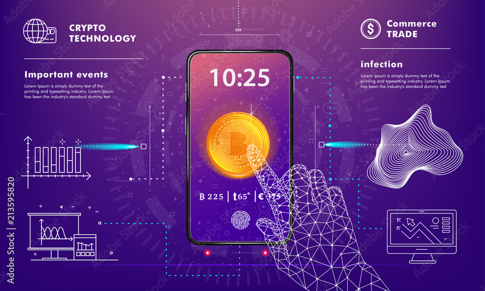 Poster crypto online commerce. mining bitcoin technology on autonomic computing program and trade platform.