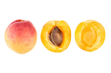 Isolated apricots. Fresh apricot fruit isolated on white background. Tropical abstract background. Fresh fruits. Place for your text.