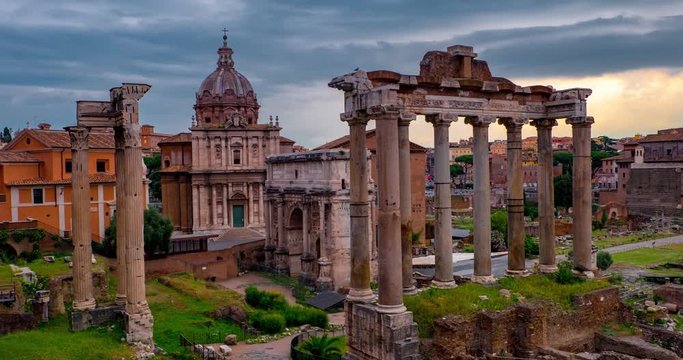 Roman Forum Foro Romano Sunset Rome Italy Detail Architecture Landmark in City Center Timelapse 4K.