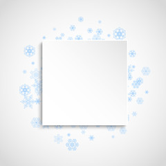 Christmas snow on white background. Blue frame for winter banners, gift coupon, voucher, ads, party event. Paper banner with frosty Christmas snow. Square falling snowflakes for holiday
