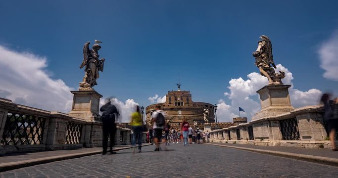 Ponte Sant'Angelo Bridge Timelapse Daytime with Tourists Visiting the Bridge Ponte Sant'Angelo Detail Architecture Landmark Timelapse 4K.
