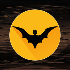 Halloween. The black silhouette of the bat is flying. Vector illustration on wooden background.