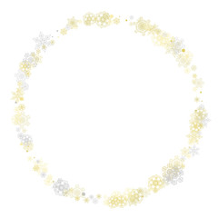 Gold snowflakes frame on white background. New year theme. Stylish shiny Christmas frame for holiday banner, card, sales, special offers. Falling snow with gold snowflakes and glitter for party invite