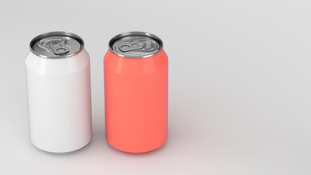 Two small white and red aluminum soda cans mockup on white background