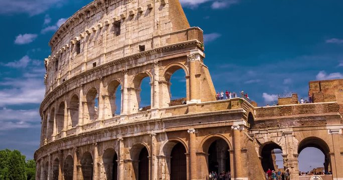 Rome Colosseum Detail Architecture Landmark in City Center Timelapse 4K with Beautiful Rolling Clouds.