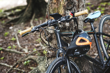 Fototapeta na wymiar Closeup of bicycle leaning on a tree