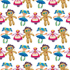 Fototapeta na wymiar Different dolls toy character game dress seamless pattern background farm scarecrow rag-doll vector illustration