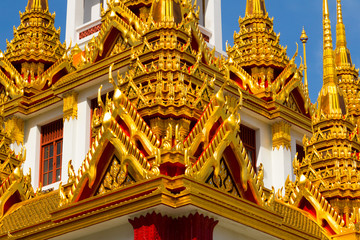 Fototapeta premium Roof temple on blue sky in Thailand. Temple name Wat Ratchanadda in Bangkok.