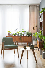 Real photo of a chair standing next to a small table with pot on it and with a bookcase and a cupboard in the bacground in a vintage living room interior full of plants