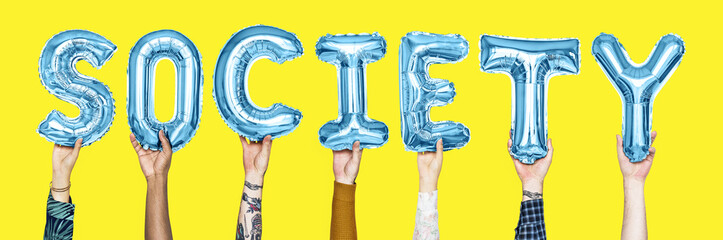 Blue alphabet balloons forming the word society