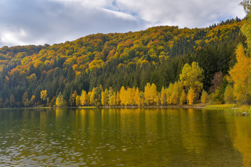 Autumn landscape. Saint Ana lake in Romania, the only volcanic lake in Europe, formed in a crater of a dead volcano