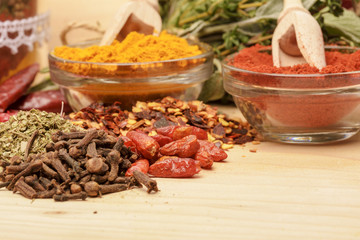 Various spices on wooden background.