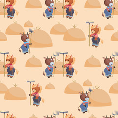 Full-color seamless pattern with the image of cute farm animals. Vector background.