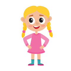 Cute blonde girl in pink dress isolated on white.