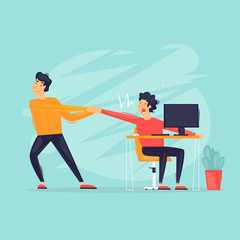 Man pulls a man from a computer. Flat design vector illustration.