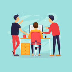 Teamwork, start-up, business ideas, office life, rear view. Flat design vector illustration.