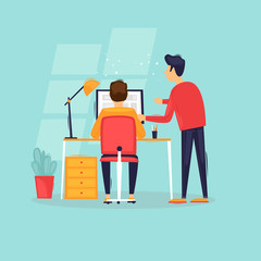 Teamwork, start-up, business ideas, office life, rear view. Flat design vector illustration.