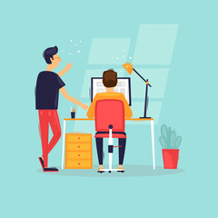 Teamwork, start-up, business ideas, office life, rear view. Flat design vector illustration.