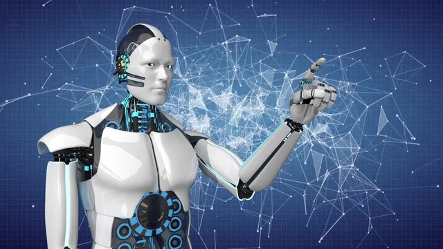 3d animation of the white robot with a network on the back.