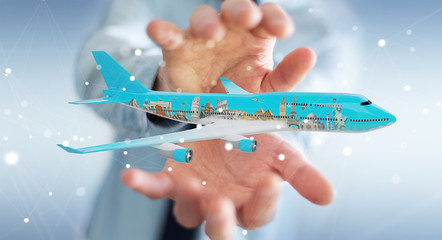 Businessman with plane and famous landmarks of the world 3D rendering