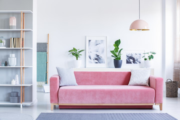 Pillows on pink couch under lamp in bright living room interior with posters and plants. Real photo