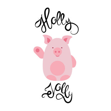 Holly-Jolly. Symbol of new year. Nice pink pig
