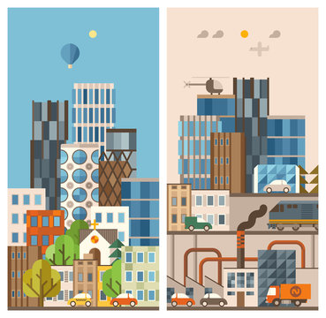 Two vertical banners in flat design style. Green city. Polluted city.