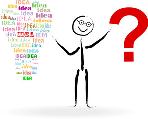Idea, creativity,solution concept with lightbulb and stickman,drawing with tag cloud, vector illustration