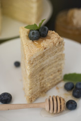 Slice of layered homemade honey cake selective focus bluebery white round plate black background